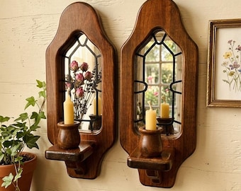 Vintage Wood Sconces with Arched Mirrors – Gothic Stained Glass Candle Holders (Set of 2)