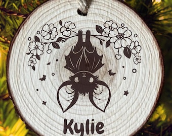 Floral Bat Wood Slice Ornament: Laser Engraved, Personalized Halloween Decor