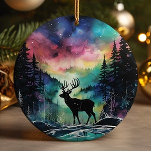 Northern Lights Reindeer Ceramic Christmas Ornament: Winter Wonderland Gift
