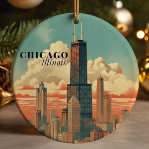 Chicago Illinois Ornament Willis Tower Christmas Gift Retro Ceramic Ornament Travel Souvenir Holiday Keepsake Chicago Skyline Ornament