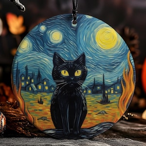 Halloween, Spooky Black Cat, Van Gogh Inspired, Ceramic Ornament