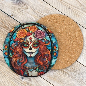 Juego de 4 posavasos con diseño de Catrina, Día de los Muertos, Halloween, con calaveras de azúcar, decoración de vitrales inspirada en México