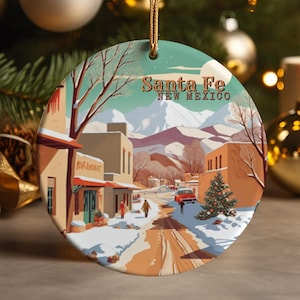Santa Fe Winter Canyons Ceramic Ornament: Retro Southwestern Holiday Decor