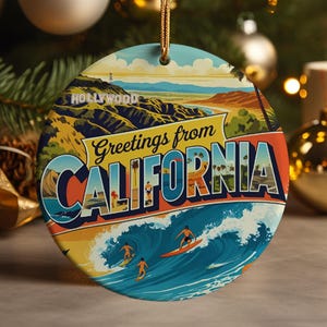 Saudações da Califórnia Cartão postal inspirado em enfeite de cerâmica, presente de praia, lembrança de viagem, decoração de Natal costeira, lembrança para amantes da natureza