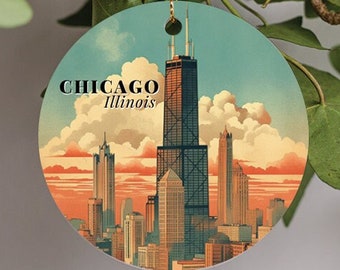 Chicago Illinois Ornament, Christmas Gift, Willis Tower, Travel Ornament, Retro Christmas Ceramic Ornament