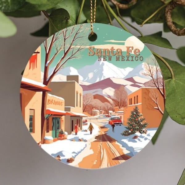 Santa Fe New Mexico, Canyons in the Winter, Retro Christmas Ceramic Ornament