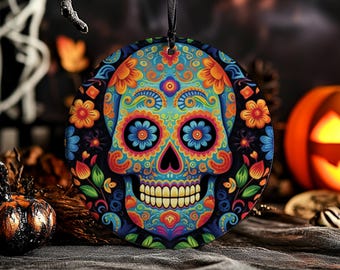 Sugar Skull Ornament: Día de Los Muertos Ceramic Halloween Decor