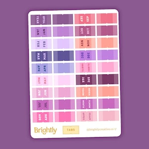 May include: A sticker sheet featuring rows of adhesive tabs in various shades of purple, pink, and orange. The tabs are labelled with months from January to December, "YEAR", "HABITS", "365", "VISION", "MONTH", and "APPNDX". The brand name "Brightly" is printed at the bottom.
