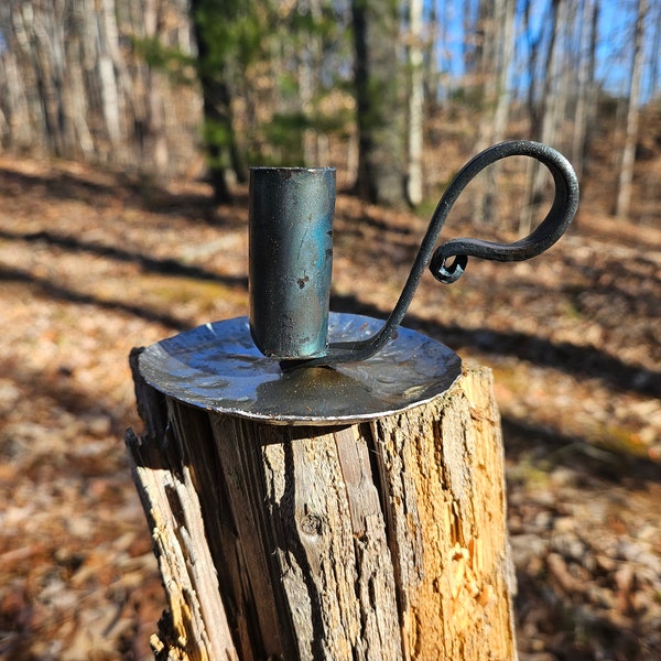 Slightly Flawed Rustic Hand Forged Candle Holder with Curled Handle