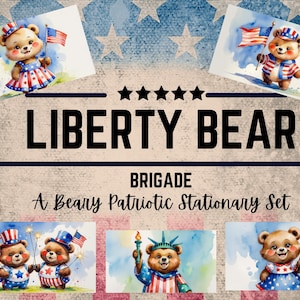 Brigade d'ours de la liberté : ensemble de papeterie patriotique ours en peluche 4 juillet (5 pages) téléchargement numérique imprimable 8,5 x 11
