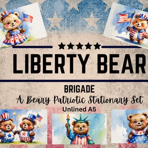 Liberty Bear Brigade : ensemble de papeterie patriotique ours en peluche 4 juillet (5 pages) téléchargement numérique imprimable sans doublure A5
