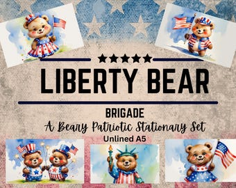 Liberty Bear Brigade: Patriotic Teddy Bear 4th of July Stationery Set (5 Pages) Instant Download Digital Printable Unlined A5
