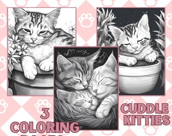 Kitten Coloring Pages, 3 Cuddle Kitties Coloring Pages -Instant Download