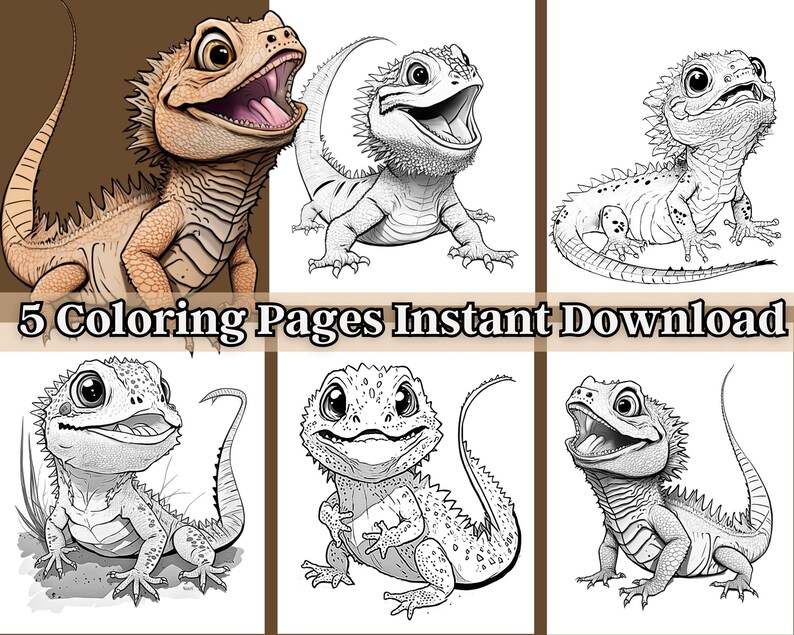 Bearded Dragon Coloring Pages 5 Pages, Bearded Dragon Art, Reptile ...