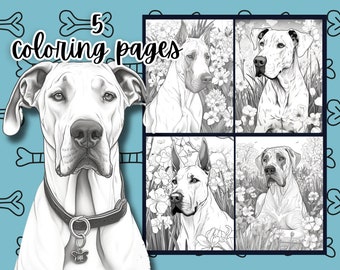 Dog Coloring Pages, 5 Great Dane Coloring Pages, Dog Lovers -Instant Download