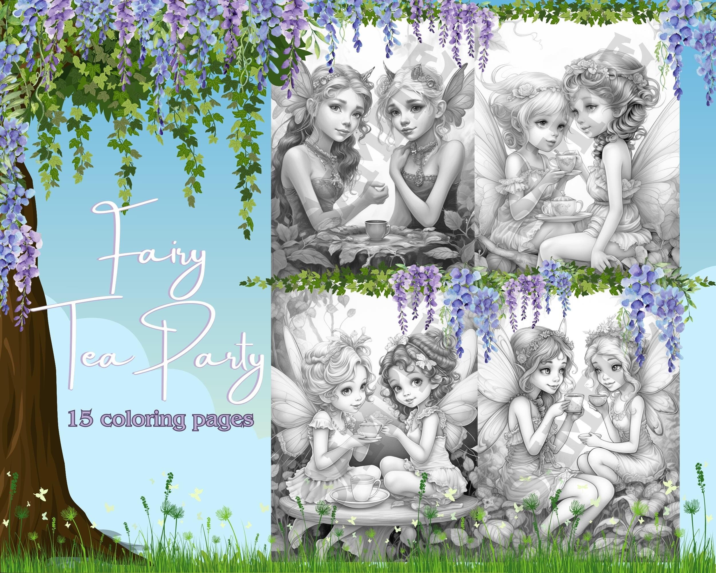 Fairy Tea Party, 15 Grayscale Coloring Pages instant Download - Etsy