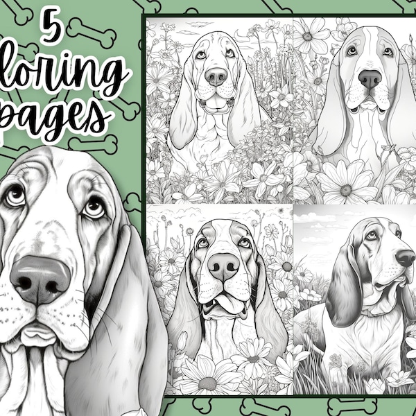 Dog Coloring Pages, 5 Basset Hound Coloring Pages, Dog Lovers -Instant Download