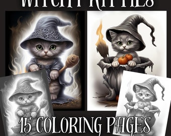 Witchy Kitties -15 pages à colorier en niveaux de gris sur le thème d’Halloween -Pages de coloriage pour adultes (format PDF imprimable, coloration HD, téléchargement instantané)