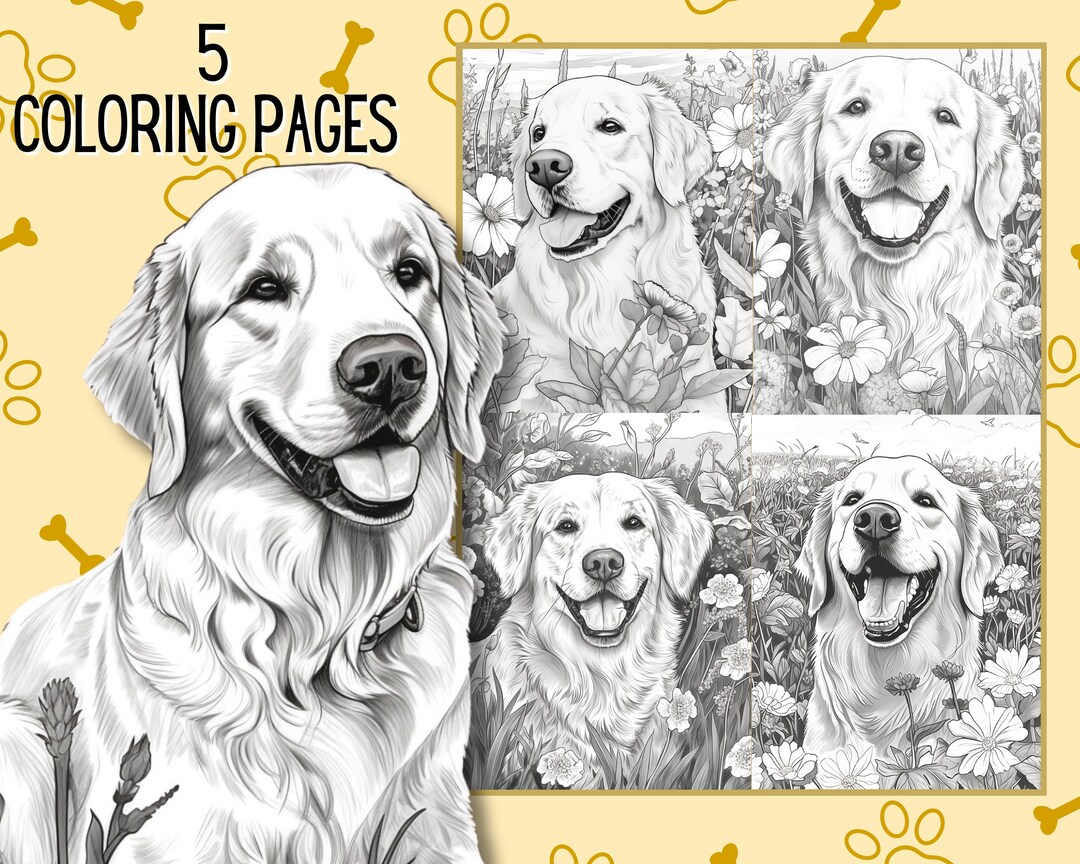 Dog Coloring Pages, 5 Golden Retriever Coloring Pages instant Download ...