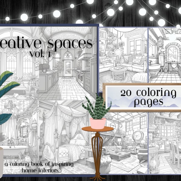 Interior Design Coloring Pages, 20 Interiors coloring pages, Coloring Rooms - Instant Download - Grayscale Coloring Page