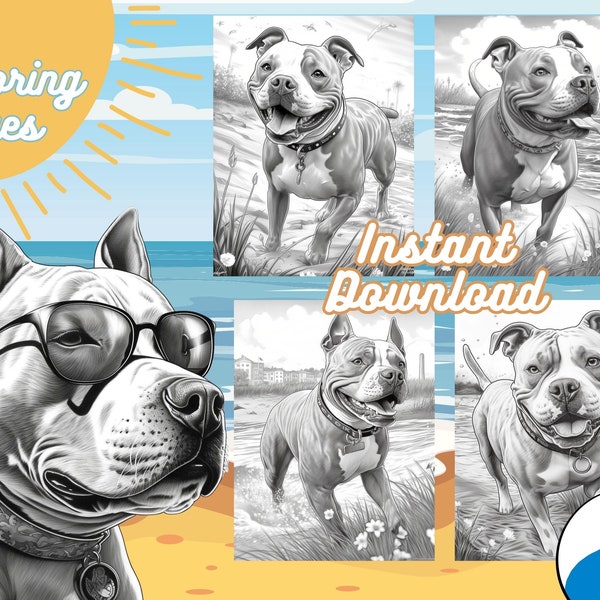 Pit Bull Coloring Pages, 15 Grayscale Coloring Pages, Dog Coloring pages, Pitties, Dogs on the beach