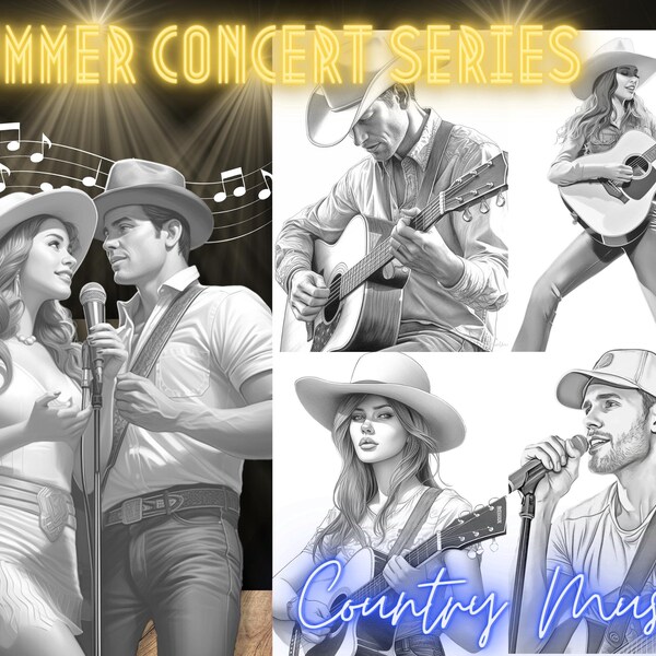 Summer Concert Series Country Music, 40 Country Music themed coloring pages, Grayscale Coloring Pages -Instant Download