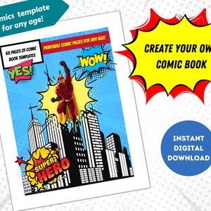 Szablon komiksu, pusty pasek komiksowy, natychmiastowe pobieranie komiksów DIY dla dzieci, stwórz własnego komiksowego superbohatera, zajęcia artystyczne dla dzieci