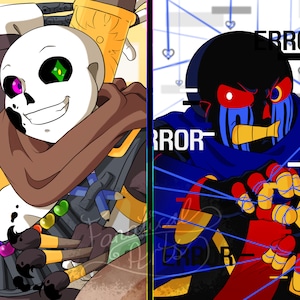 May include: Two digital art characters, one with black and white markings and a brown scarf, the other with black and blue markings and a red scarf, both with glowing eyes. The background is a grid of blue lines and white hearts. The text "ERROR" appears in the background.