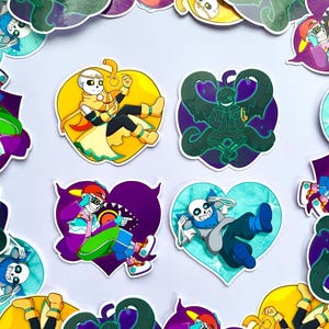 May include: A set of 10 colorful stickers featuring various characters from the popular video game Undertale. The stickers are printed on a clear vinyl material and are perfect for decorating laptops, water bottles, and other surfaces.
