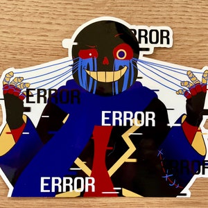 May include: A black and blue cartoon character with red eyes and a wide grin. The character is surrounded by blue strings and the word "ERROR" appears multiple times in white text.
