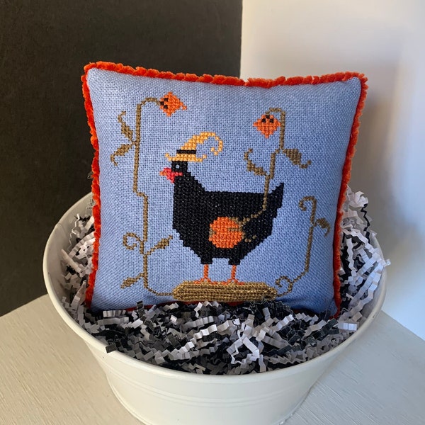 Completed cross stitch mini accent Halloween Hen pillow  ornament on hand dyed fabric, bowl filler, tiered tray decor, witch chicken, gift