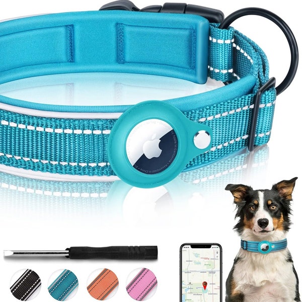 Reflective AirTag Dog Collar, Padded Apple Air Tag Dog Collar, Heavy Duty Dog Collar with AirTag Holder Case, Adjustable Air Tag Pet Collar