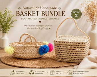 Handmade Palm Leaf Basket Set, Boho Woven Storage Bundle, Rustic Nursery Organizer