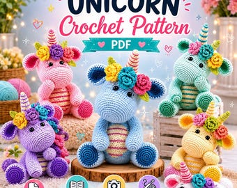 May include: A collection of colorful, crocheted unicorn toys, each with a unique color scheme and floral accents. The unicorns are in various shades of pink, blue, purple, green, and yellow. The image also includes text that reads "UNICORN Crochet Pattern PDF".