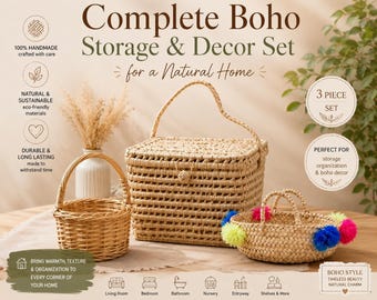 Handwoven Boho Rattan Basket Set, Natural Storage Organizer, 3-Piece Farmhouse Decor