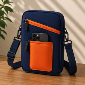 May include: A navy blue crossbody bag featuring an orange zippered pocket at the top and an orange open slip pocket on the front. A black smartphone is tucked into the slip pocket. The bag includes a matching navy blue adjustable shoulder strap.