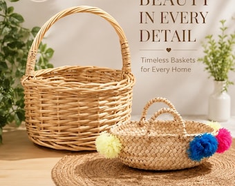 Handwoven Wicker Basket Set – Boho Farmhouse Storage, Decorative Picnic, Natural Woven Bundle