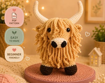 Highland Cow Crochet Pattern, Amigurumi Plushie (Digital Download)