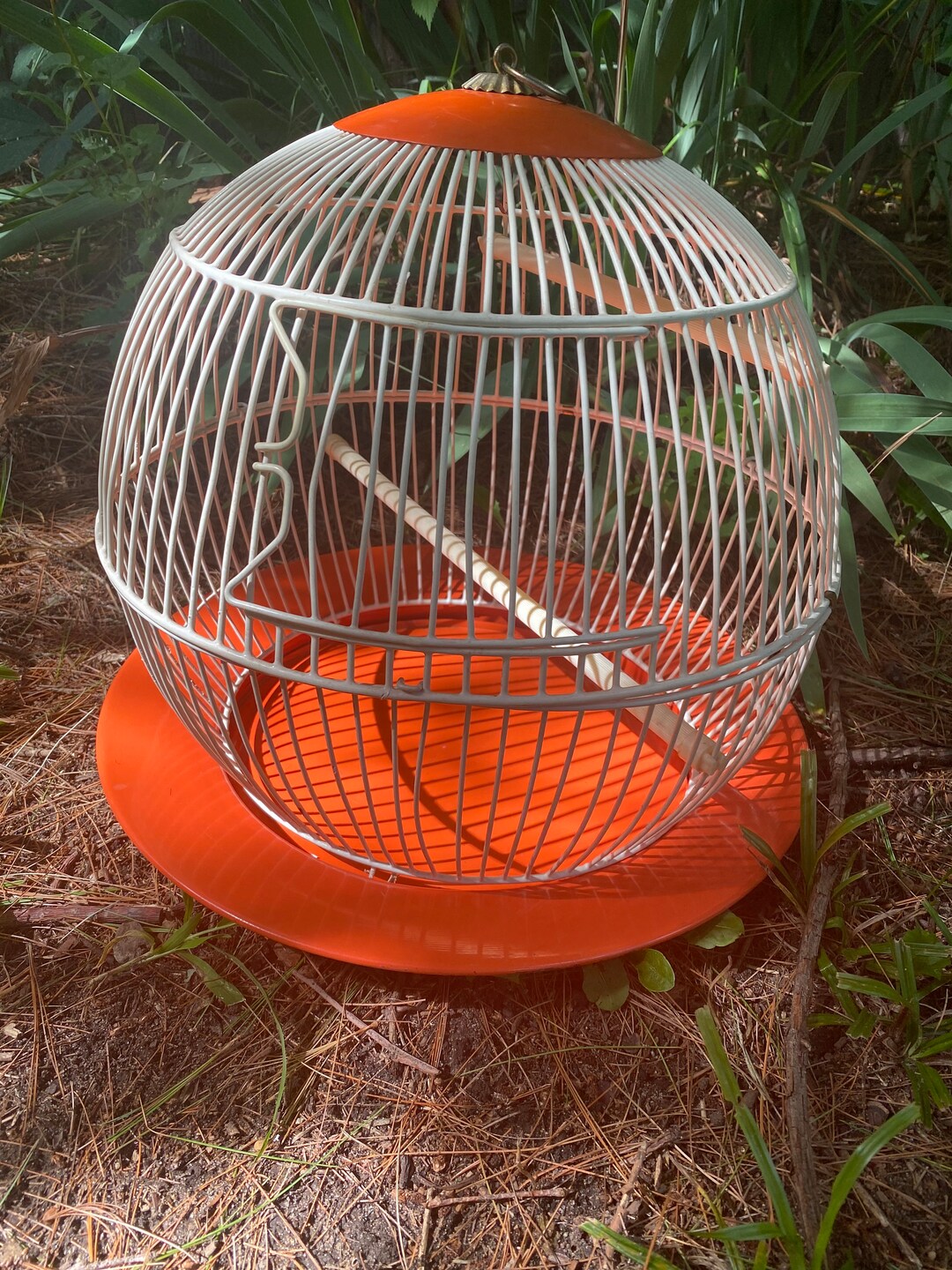 Vintage Round Bird Cage Carrier Mid Century Mcm Hanging Globe Orange