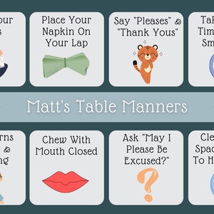 Montessori placemat for children or toddlers. Customizable montessori placemat for kids. Montessori placemat includes 8 key table manners for kids. Placemat is blue-green theme with an example of a child's name on the banner.