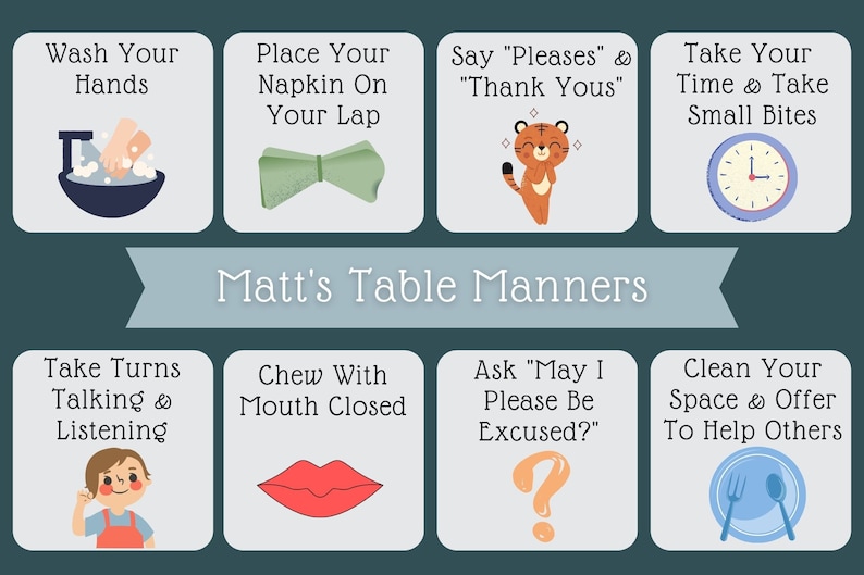 Montessori placemat for children or toddlers. Customizable montessori placemat for kids. Montessori placemat includes 8 key table manners for kids. Placemat is blue-green theme with an example of a child's name on the banner.