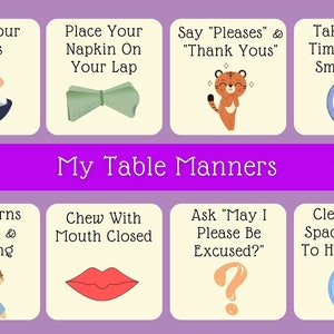 Montessori placemat for children or toddlers. Customizable montessori placemat for kids. Montessori placemat includes 8 key table manners for kids. Placemat is purple theme with customizable banner.