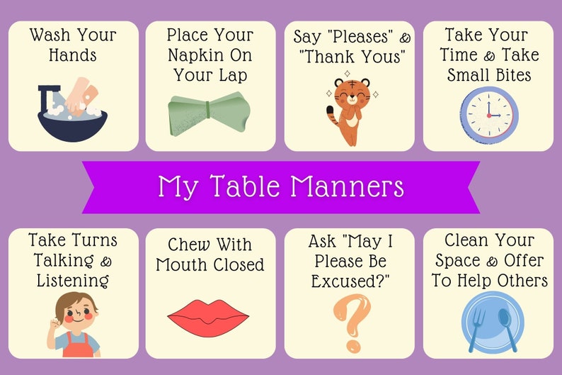 Montessori placemat for children or toddlers. Customizable montessori placemat for kids. Montessori placemat includes 8 key table manners for kids. Placemat is purple theme with customizable banner.