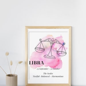 Watercolour Digital Wall Art Pink Watercolour Digital Print Libra Zodiac Sign Art