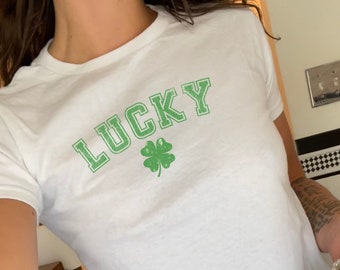 St Patricks day y2k baby tee, Lucky baby tee, Shamrock baby tee, Downtown Girl, St Pats day shirt, Baby tee women, Drinking shirt, Coquette