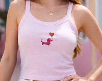Pink Dachshund Baby Tee, Cute Wiener Dog Shirt, Coquette Aesthetic Top, Y2K Puppy Graphic Tee, Doxie Lover Gift, Minimal Cute Tank