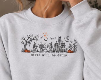 Geborduurd sweatshirt met de tekst "Girls will be Girls", griezelige heksenachtige Halloween-trui.