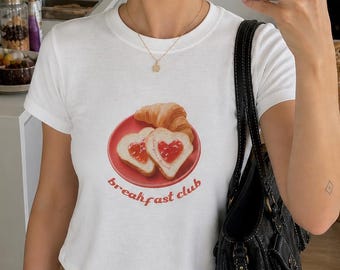 Breakfast Club Baby Tee, Strawberry Toast Shirt, Cute Food Graphic Tee, Y2K Top Women, Brunch Outfit Shirt, Summer Baby Tee
