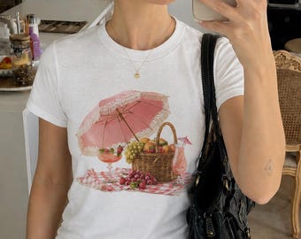 Picnic Baby Tee, Vintage Summer Graphic Shirt, Fruit Picnic Aesthetic Tee, Cute Summer Outfit Top, Y2K Baby Tee Women, Victorian Picnic