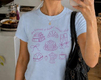 Bookish Brunch Club Baby Tee, Coquette Book Lover Shirt, Cute Coffee & Books Graphic Top, Soft Girl Aesthetic Tee